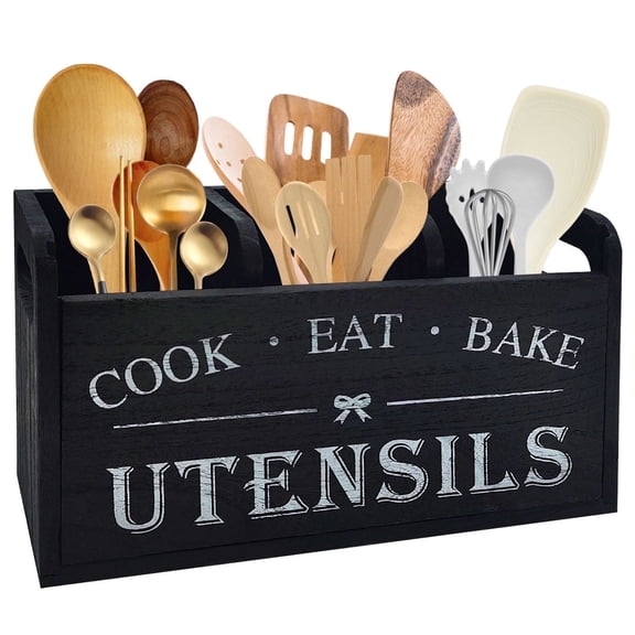 Utensil Holder Large Wooden Silverware Organizer Kitchen Utensil Organizer for Countertop  (Black)