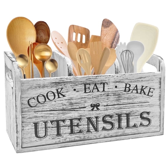 Utensil Holder Large Wooden Silverware Organizer Kitchen Utensil Organizer for Countertop (Grey) ﻿