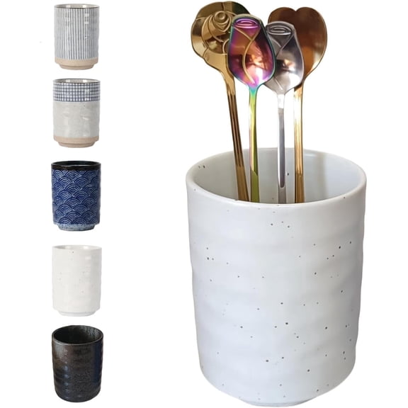 Stoneware Coffee Bar Utensil Holder Tea & Coffee Spoon & Stirrer Holder for Stir Stick Straw Teaspoon Holder Spoon Cup Small Utensil Jar (White)