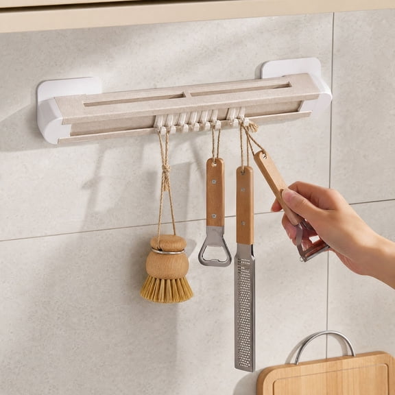 Kitchen Utensil Hook Rack, Multi-Purpose 6-Link Wall Mounted Storage Holder with Hooks and Rod
