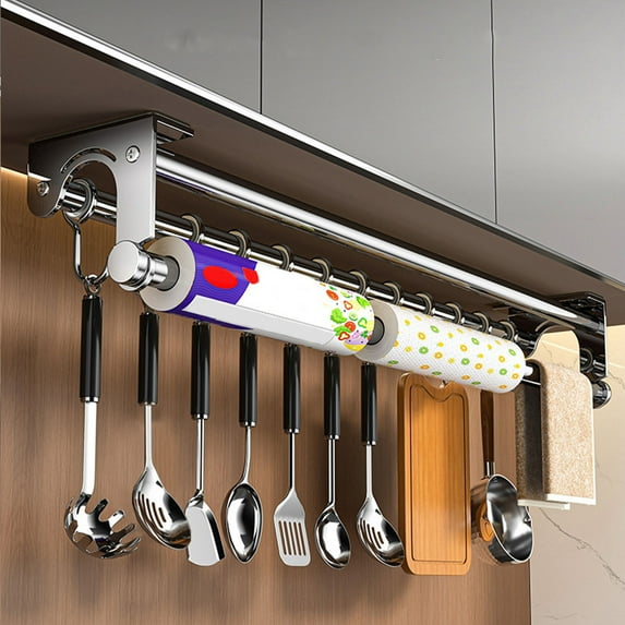Kitchen Utensil Hooks, Kitchen Rail Kitchen Utensils Rack, No Drilling Adhesive Stainless Steel Hanging Rail Rack, Wall Mounted Hanger Organizer for Bathroom(with 10 Hooks, 19.7in)