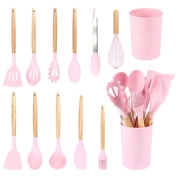 Kitchen Utensil Kitchen Utensil Set, 12 Pieces Cooking Tools with Natural Wood Handles (Pink)