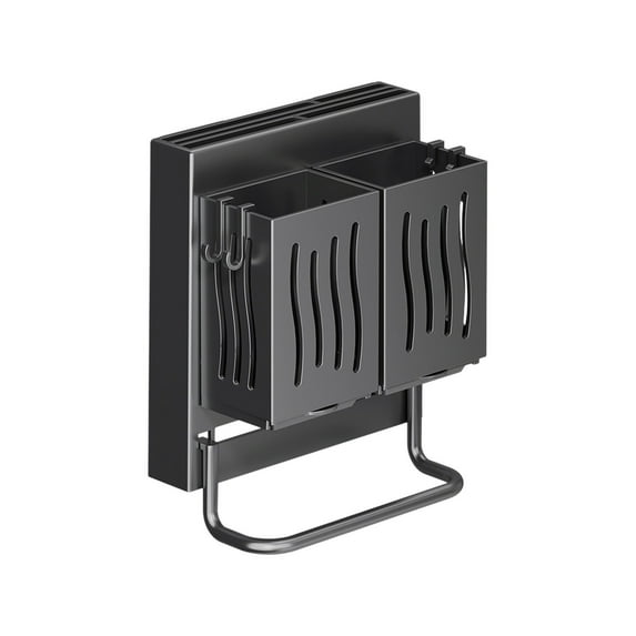 Kitchen Utensil Organizer, Wall-Mounted Cutlery Rack, Plastic Draining Storage Box with Hooks, Multifunctional ABS Plastic Kitchen Drying Rack, Gray Black, Easy to Clean