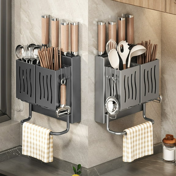 Kitchen Utensil Organizer, Wall Mounted Cutlery Rack With Plastic Storage Box and Draining Hooks for Knives and Chopsticks, Multifunctional Kitchen Tool Holder for Countertop and Cabinet Door, Space