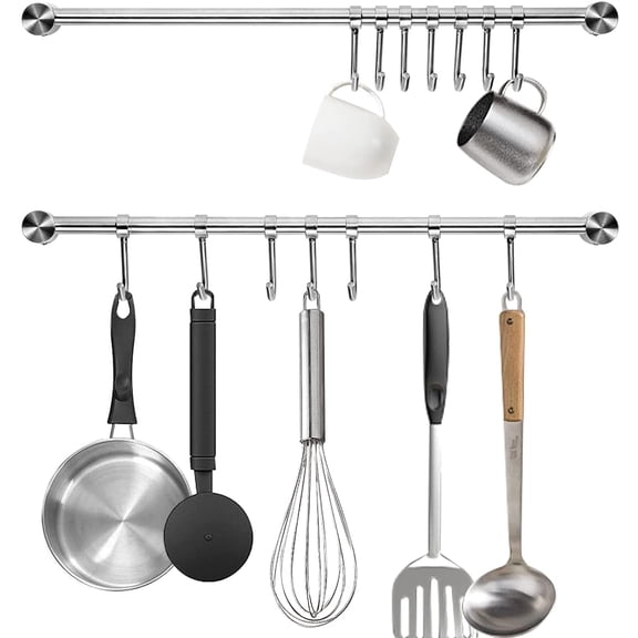 Kitchen Utensil Rack 2 Pack, 15.6 Inch Pots and Pans Hanging Rack Wall Mounted, 304 Stainless Steel Lid Cooking Utensil Hanger, 7 Sliding Hooks for Spatula Spoon, Measuring Cups, Coffee Mug