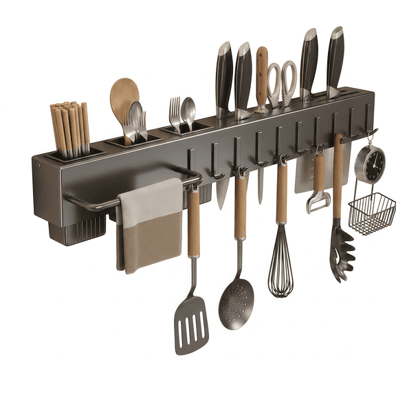 Hzfnon Wall Mount Utensil Rack 24 Inch, 10 Hooks, 3 Storage Cups & Knife Holder, No Drill