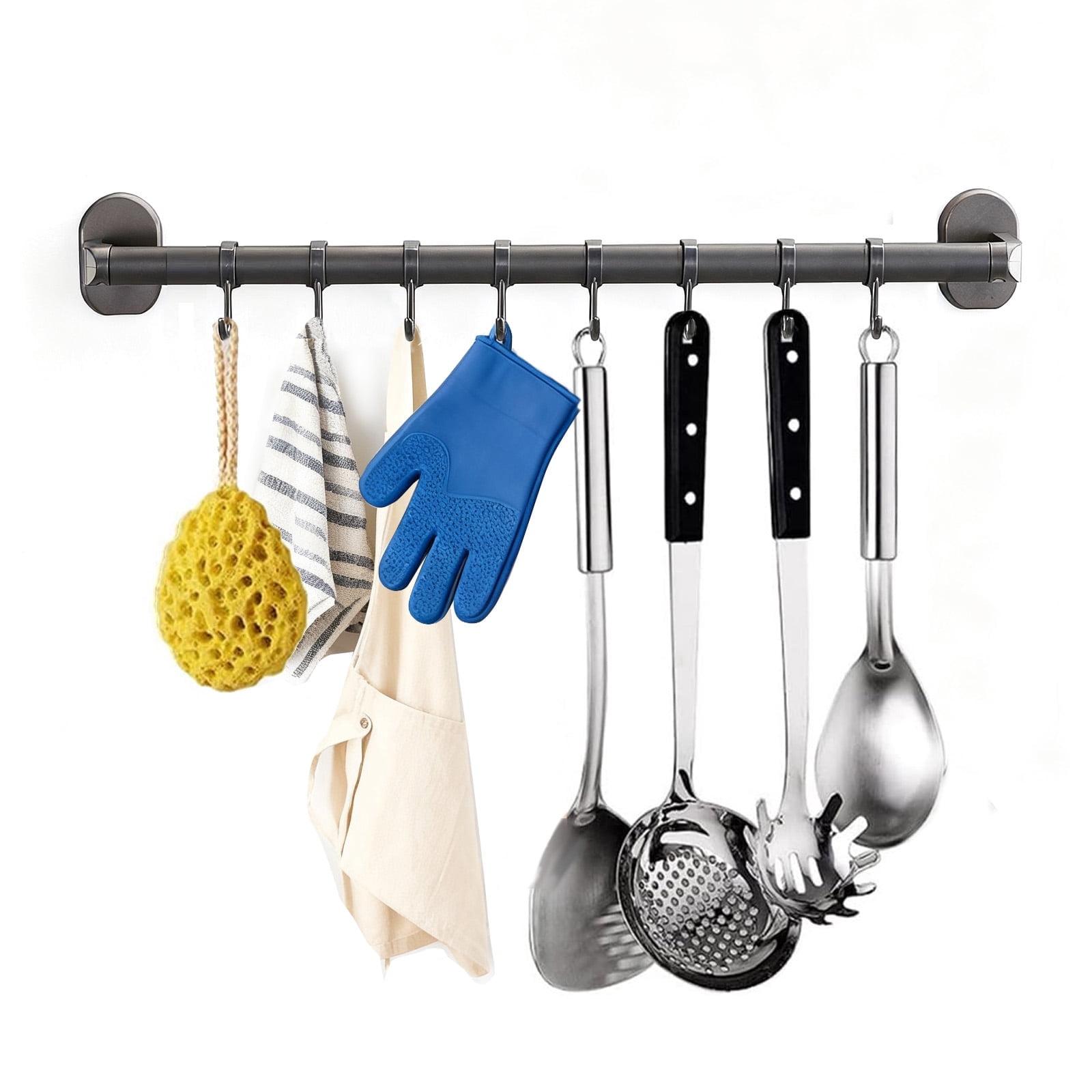 Kitchen Utensil Rack Wall Mounted – 50CM Black Metal Hanging Rod with 8 ...