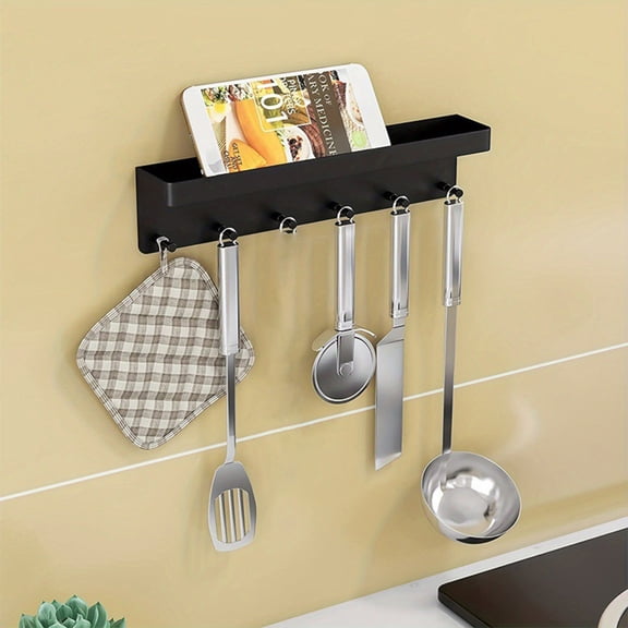 Kitchen Utensil Rack Wall Mounted, Wall Mounted Kitchen Rail Organizer with Slidable Hooks for Hanging Pots and Pans, Space Saving Kitchen Wall Storage Rail for Mugs, Knives, and Utensils