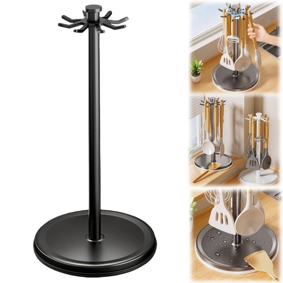 Kitchen Utensil Rack With 8 Hooks, Aluminum Rotating Utensil Holder For Kitchen Counter, Kitchen Utensil Organizer Hanger (Black)