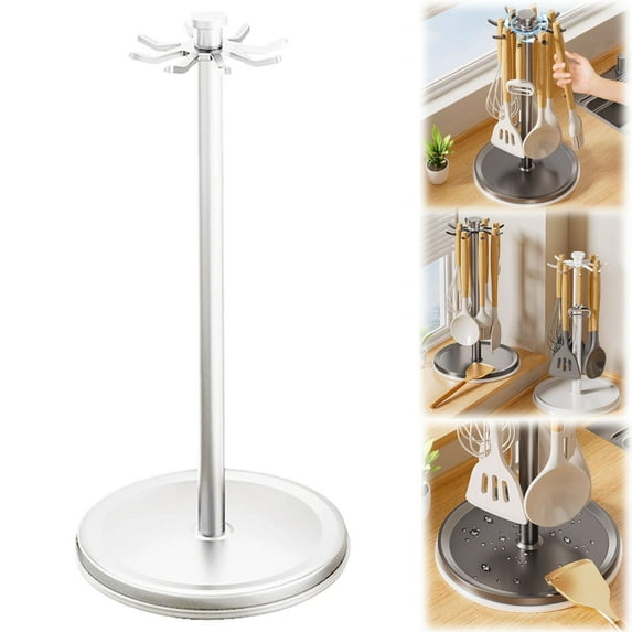 Kitchen Utensil Rack With 8 Hooks, Aluminum Rotating Utensil Holder For Kitchen Counter, Kitchen Utensil Organizer Hanger (White)
