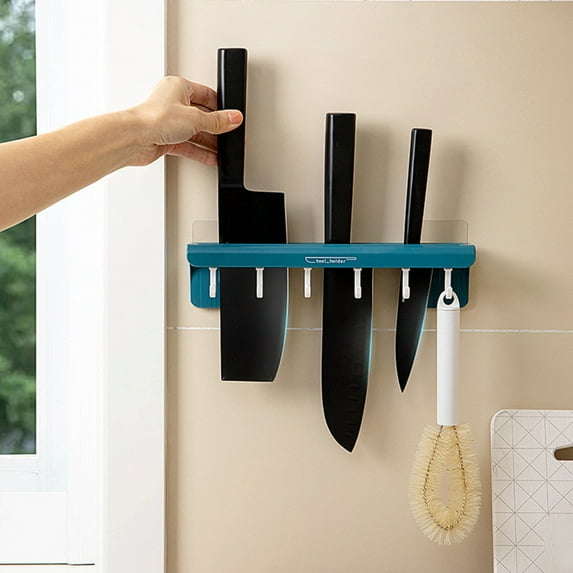 Kitchen Utensil Rack with Hooks – 15.7 x 2.8 x 3.5in Wall Mount Aluminum Rail Organizer for Pots Pans and Mugs(Blue)