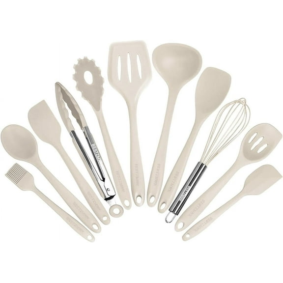 Kitchen Utensil Set - 11 Cooking Utensils - Colorful Silicone Kitchen Utensils - Nonstick Cookware with Spatula Set - Colored Best Kitchen Tools Kitchen Gadgets (Khaki)