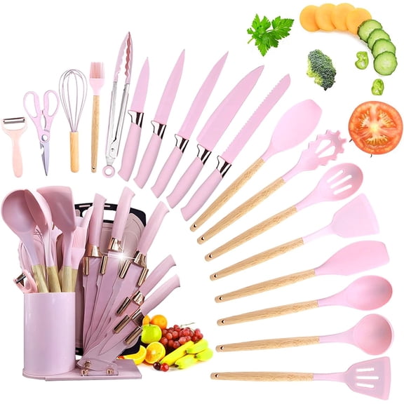 Kitchen Utensil Set,20 Pieces Kitchen Stainless Steel Knives Set Silicone Cooking Utensil with Wooden Handles,Home Kitchenware Accessories Cookware with Stand Block (Pink) Y101