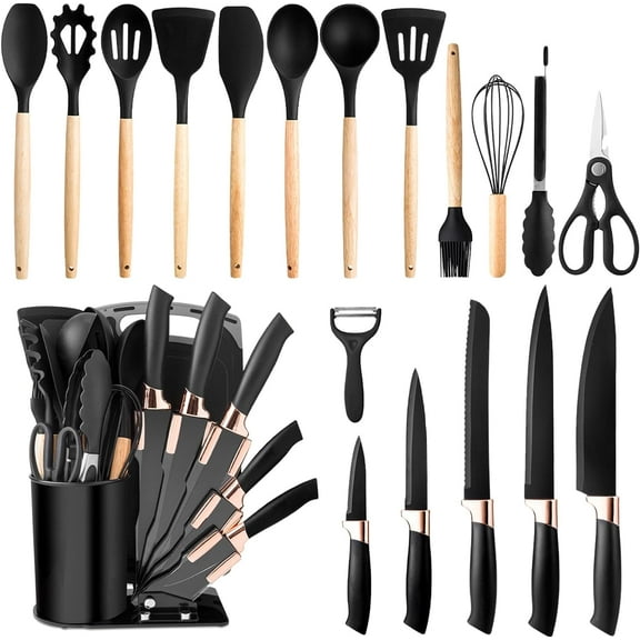 Kitchen Utensil Set,20 Pieces Kitchen Stainless Steel Knives Set Silicone Cooking Utensil with Wooden Handles,Home Kitchenware Accessories Cookware with Stand Block (Black)