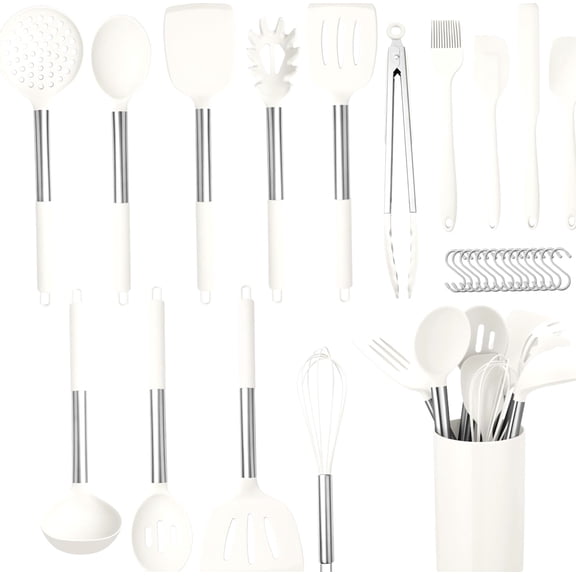 Kitchen Utensil Set 29 Piece, Silicone Cooking Tools with Stainless Steel Handles, Heat Resistant Spatula Set with Holder, White