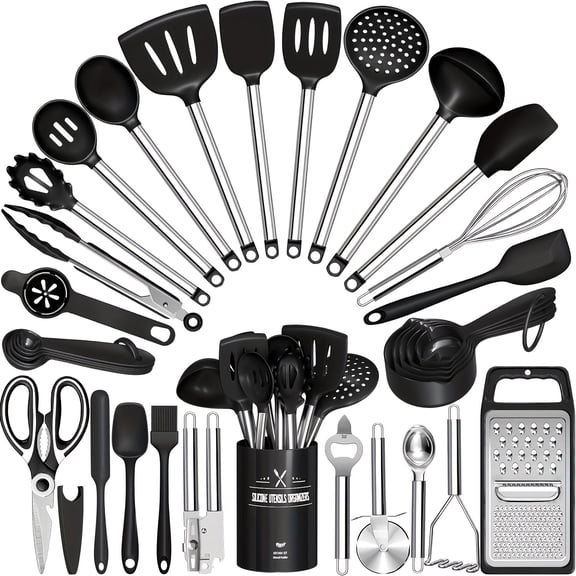 Kitchen Utensil Set - 34-Piece Silicone Non-Stick Spatula Set, Stainless Steel Handle Black Cooking Tools, Cookware Accessories, SKROAM Father's Day Gift