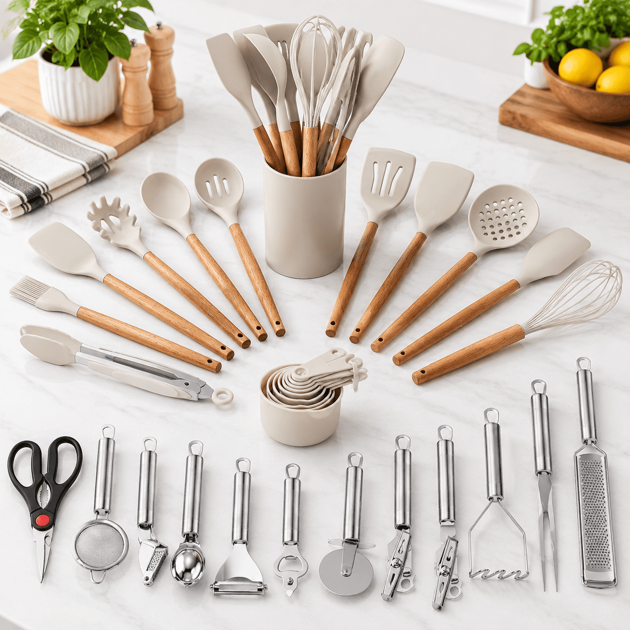 Kitchen Utensil Set, 35-Piece Silicone and Wooden Handle Cooking Tools ...