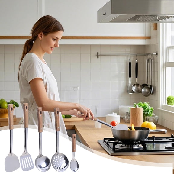 Kitchen Utensil Set, Czzoypi Stainless Steel 5 Piece Cooking Tools, Heat Resistant Ergonomic Handle Spatula Turner Soup Spoon Strainer Easy Storage