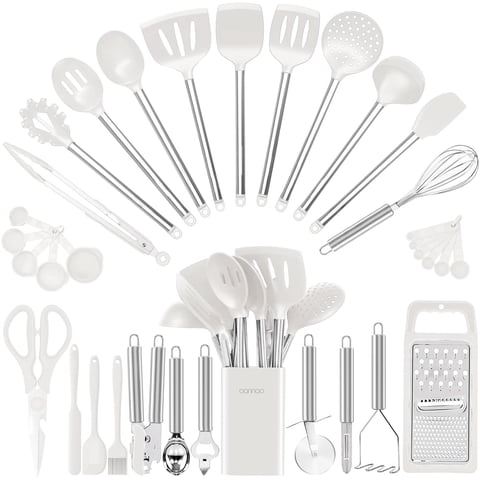 Kitchen Utensil Set-Silicone Cooking Utensils-33 Kitchen Gadgets & Spoons for Nonstick Cookware-Silicone and Stainless Steel Spatula Set-Best Kitchen Tools BPA FREE (Cream White)