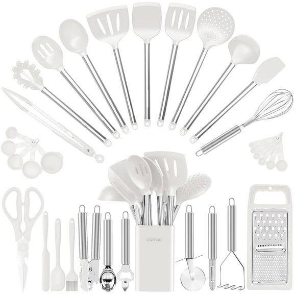 Kitchen Utensil Set-Silicone Cooking Utensils-33 Kitchen Gadgets & Spoons for Nonstick Cookware-Silicone and Stainless Steel Spatula Set-Best Kitchen Tools BPA FREE (Cream White)