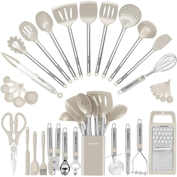 Kitchen Utensil Set-Silicone Cooking Utensils-33 Kitchen Gadgets & Spoons for Nonstick Cookware-Silicone and Stainless Steel Spatula Set-Best Kitchen Tools, Useful Pots (Khaki)