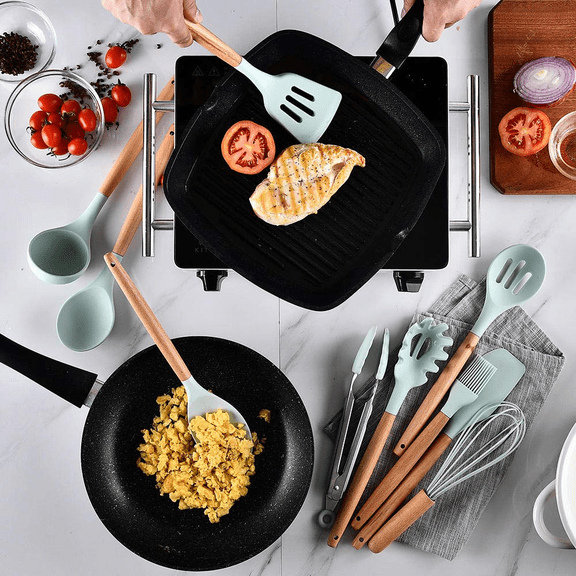 Kitchen Utensil Sets Silicone Kitchenware Set with Wooden Handle Turner Soup Spoon Spatula Brush Scraper Pasta Egg Beater Kitchen Cooking Tools-12pcs Set (12pcs Set)