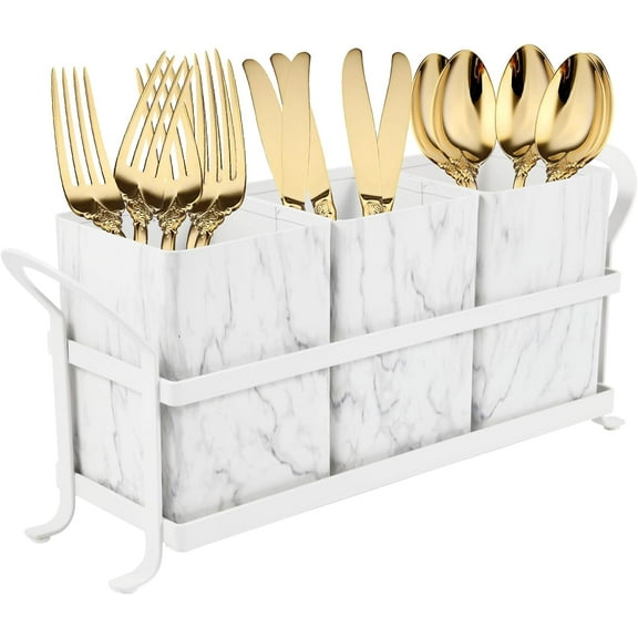 Marble White Kitchen Utensil Holder for Countertop, Metal Silverware Caddy Cutlery Organizer for Party Gatherings