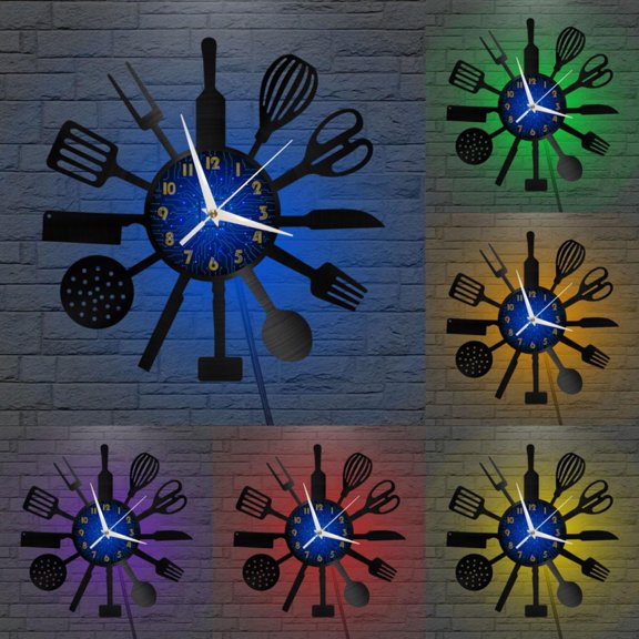 Kitchen Utensils 12 Inch Vinyl Record Wall Clock - Silent, Creative, and Unique Clock for Living Room, Entryway, or Bedroom Decor - Perfect Gift Idea(12 inchs B with LED)