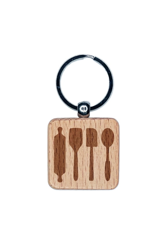 Kitchen Utensils Baking Cooking Square Keychain Charm Tag - Engraved Wood