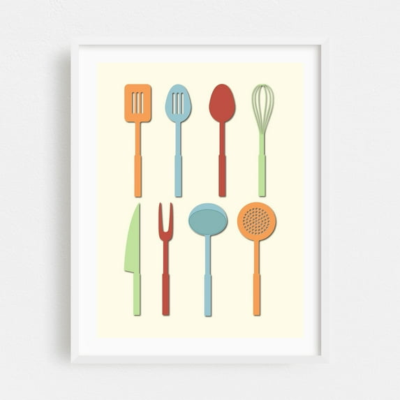 Kitchen Utensils Bright Colors on Cream - Digital Art Kitchen Decor Minimalist Geometric Modern Art Pastel Pattern White Framed Wall Art Print 8 x 10 inches