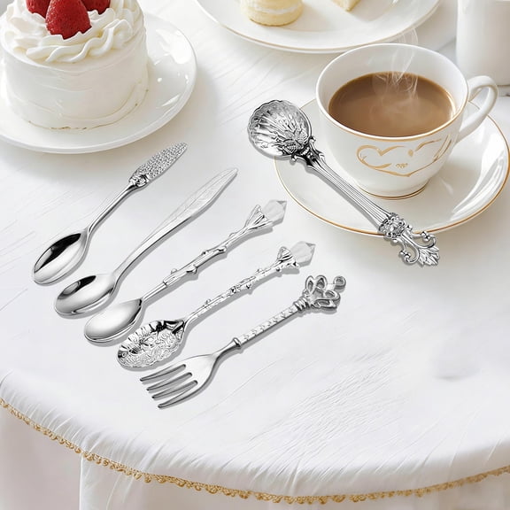 Kitchen Utensils Gadgets, Vintage Carved Coffee Spoon 6-Piece Set Crystal-Topped Zn Alloy Leaf Spoon European Court Dessert Spoon Ice Cream Spoon Jelly Spoon