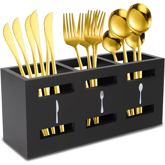 Kitchen Utensils Holder Utensil Holder Cutlery Holder 3 Compartments Wooden Utensil Storagae Kitchen Utensils Organiser Cutlery Caddy Cooking Tools Storage for Countertop, Black