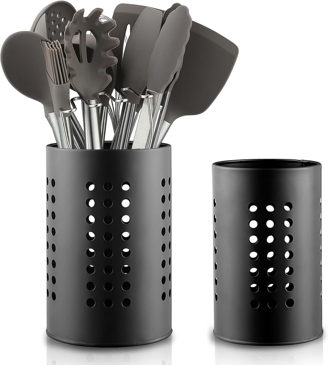 Kitchen Utensils Holder for Counter Top 2 Pieces, Black Stainless Steel Cutlery Holder, Kitchen Essentials Farmhouse Style Home Countertop Organizer