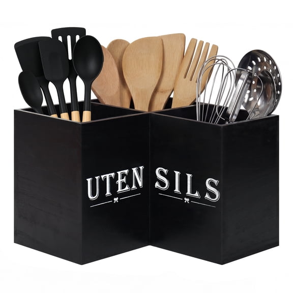 Kitchen Utensils Holder with 3 Compartments,Extra Large Corner Utensil Caddy for Countertop,Wooden Utensil Organizer for Kitchen Countertop, Black