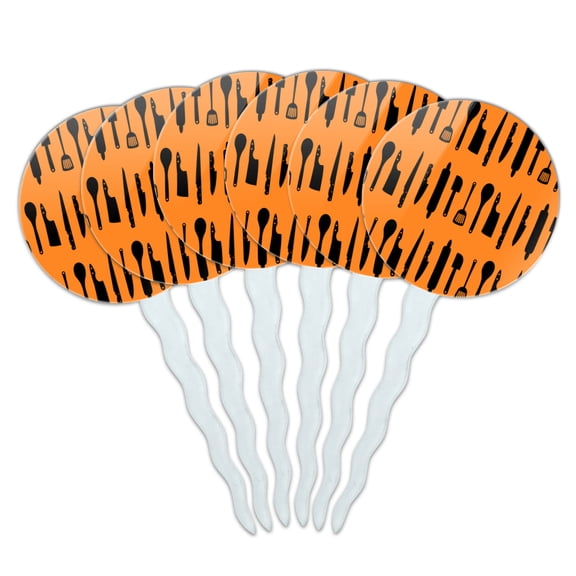 Kitchen Utensils Knife Spatula Wooden Spoon Pattern Cupcake Picks Toppers Decoration Set of 6
