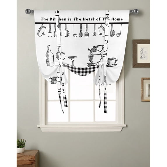 Kitchen Utensils Plaid Curtain for Living Room Kitchen Tie-up Short Curtains Adjustable Rod Pocket Drapes