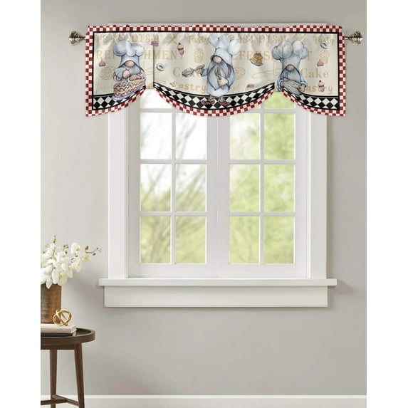 Kitchen Utensils Plaid Short Window Curtain Adjustable Tie Up Valance for Living Room Kitchen Window Drapes