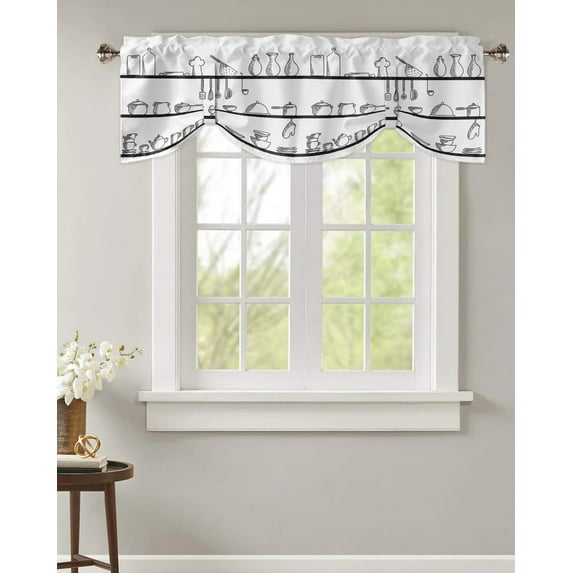 Kitchen Utensils Plaid Short Window Curtain Adjustable Tie Up Valance for Living Room Kitchen Window Drapes