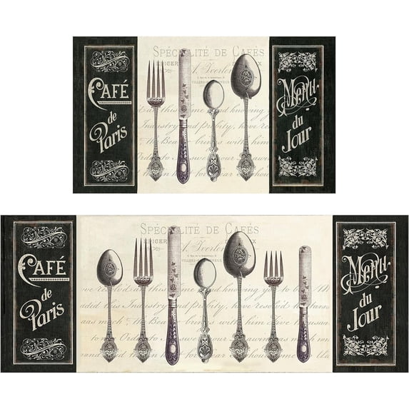 Kitchen Utensils Rugs Black Kitchen Mats for Floor 2 Piece, Anti Fatigue Floor Mat for Kitchen, Kitchen Floor Mats for in Front of Sink and Kitchen Matt for Standing for Kitchen Decor 17"X30"+17"X47"