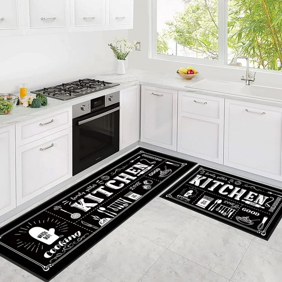 Kitchen Utensils Rugs Black Kitchen Mats for Floor 2 Piece, Anti Fatigue Floor Mat for Kitchen, Kitchen Floor Mats for in Front of Sink and Kitchen Matt for Standing for Kitchen Decor 17"X30"+17"X47"