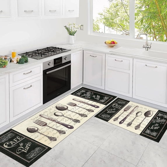 Kitchen Utensils Rugs Black Kitchen Mats for Floor 2 Piece, Anti Fatigue Floor Mat for Kitchen, Kitchen Floor Mats for in Front of Sink and Kitchen Matt for Standing for Kitchen Decor 17"X30"+17"X47"