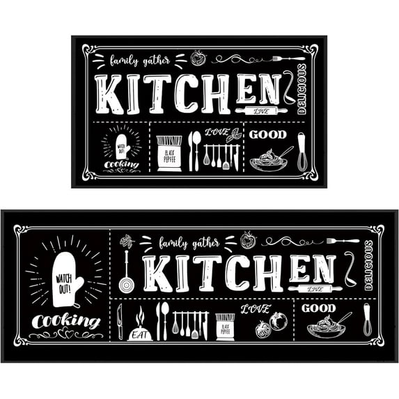 Kitchen Utensils Rugs Black Kitchen Mats for Floor 2 Piece, Anti Fatigue Floor Mat for Kitchen, Kitchen Floor Mats for in Front of Sink and Kitchen Matt for Standing for Kitchen Decor 17"X30"+17"X47"