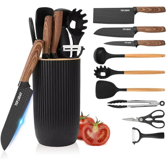 Kitchen Utensils Set, 10 Pieces Silicone Cooking Utensils Set with Knife Block Set, Include 4Pcs Utensils Spatulas & 5Pcs Sharp Stainless Steel Chef Knife, Kitchen Tool Set for Cooking Cutting