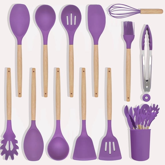 Kitchen Utensils Set Nonstick Silicone Cooking Utensils Wood Handle Silicone Cooking Utensils Set with Holder Dishwasher Safe BPA Free (Purple)