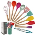 thumbnail image 1 of Kitchen Utensils Set of 12, Silicone Cooking Utensils with Non-Slip Wooden Handle and Organizer Bucket, 446°F Heat Resistant Cookware Utensils Set (Assorted Colors-Upgraded), 1 of 7