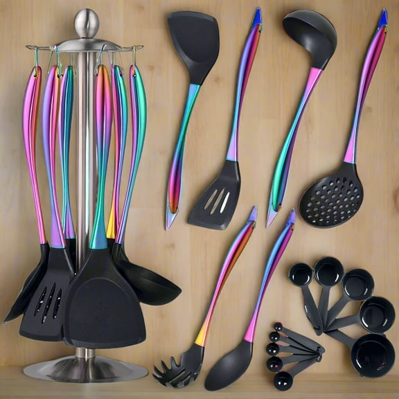 Kitchen Utensils Set-17pcs Titanium Rainbow Silicone Spatula, Silicone Cooking Utensils Set with Holder, Heat Resistant Non-stick Spatula Set, Ladle with Stainless Steel Handle, Skimmer