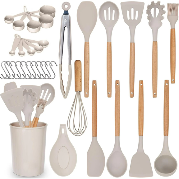 Kitchen Utensils Set, 24 Pcs Silicone Cooking Utensils Set with Holder, Non-Stick Silicone Cooking Kitchen Utensils with Wooden Handle Spatula Set, Spoons, Pasta Server, Dishwasher Safe (Khaki)