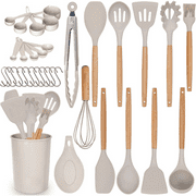 Kitchen Utensils Set, 24 Pcs Silicone Cooking Utensils Set with Holder, Non-Stick Silicone Cooking Kitchen Utensils with Wooden Handle Spatula Set, Spoons, Pasta Server, Dishwasher Safe Khaki