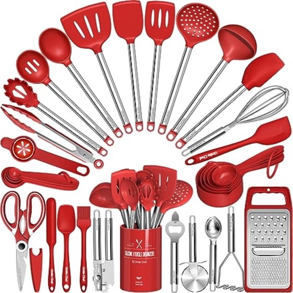 Kitchen Utensils Set- 34 PCs Cooking Utensils with Grater Spoon Spatula Heat Resistant Food Grade Silicone Stainless Steel Handles Kitchen Gadgets Tools Set for Nonstick Cookware Red