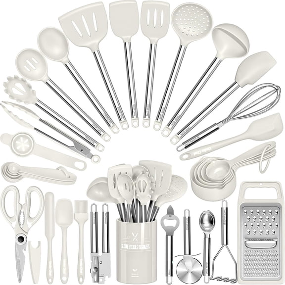 Kitchen Utensils Set- 34 count Cooking Utensils Set for Nonstick Cookware- Spatulas Set, Stainless Steel Handle-White Kitchen Gadgets Tools, Pots and Pans Accessories